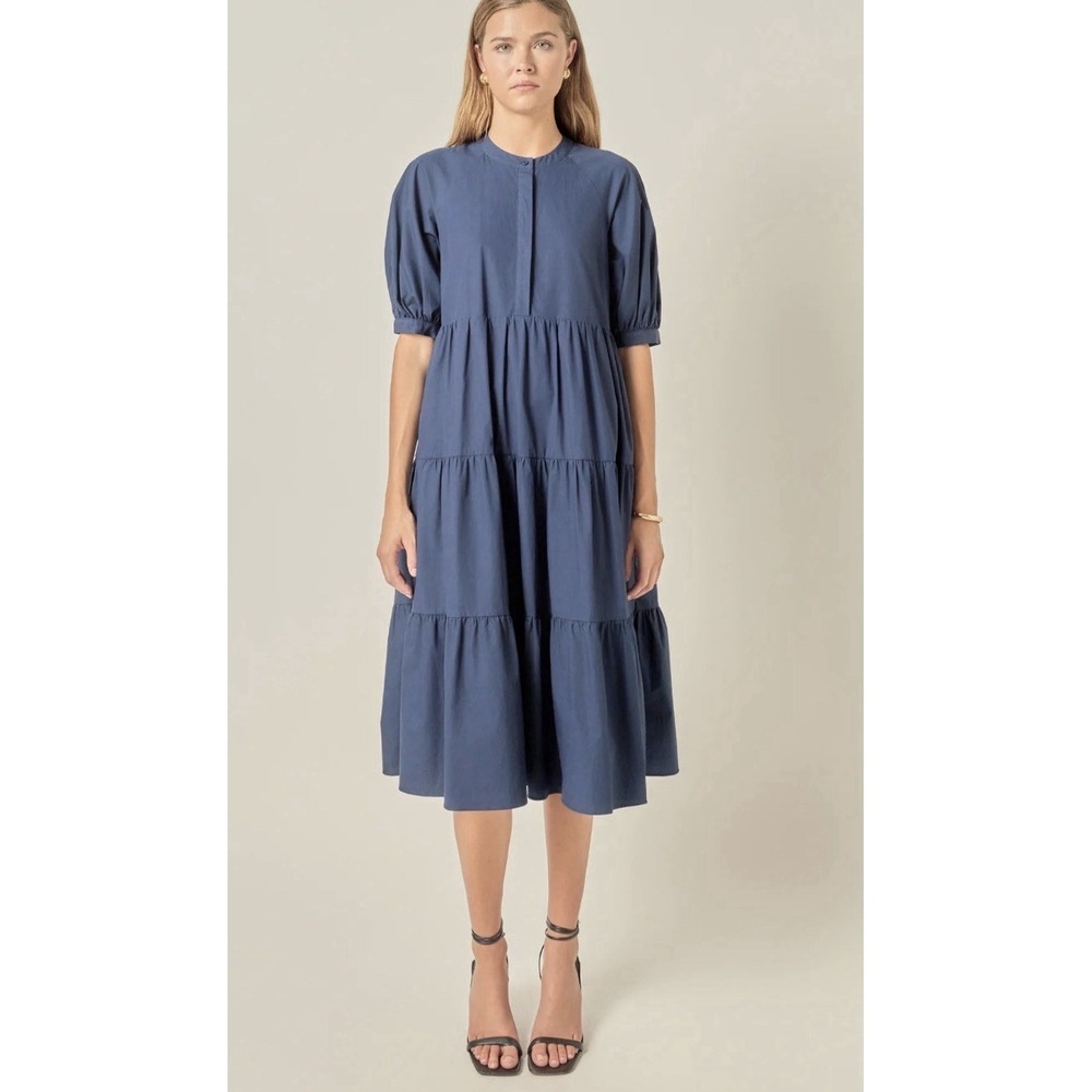English Factory Puff Sleeve Tiered Midi Dress Blue Womens 2X Pockets Buttons